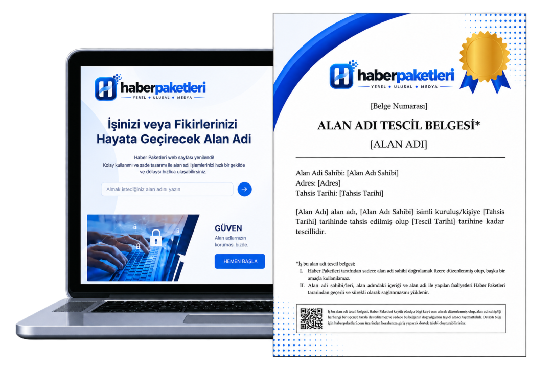 Alan Adı Tescil Belgesi örneği — dizüstü bilgisayarda Haberpaketleri alan adı sayfası ve yanında belge numarası, alan adı, sahibi, adres ve tahsis tarihi alanlarını gösteren tescil belgesi şablonu