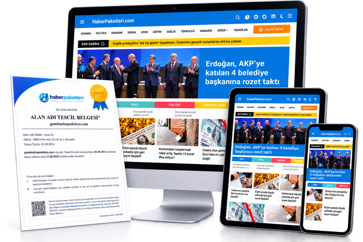 Haberpaketleri haber yazılımı — masaüstü, tablet ve telefon görünümü ile alan adı tescil belgesi örneği